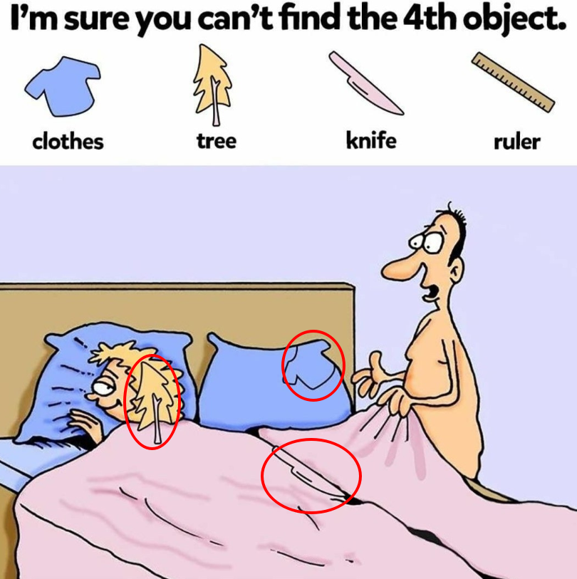 Find clothes, tree, knife and ruler. Find clothes, tree, knife and ruler.