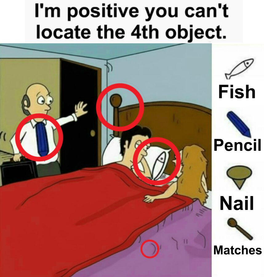 Find Fish, Pencil, Nail, Matches.