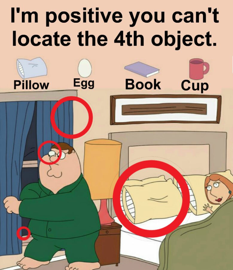Find Pillow, Egg, Book, Cup.