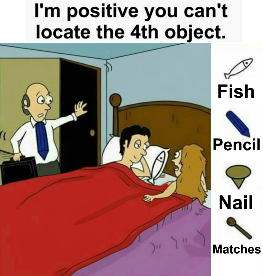 Find Fish, Pencil, Nail, Matches.