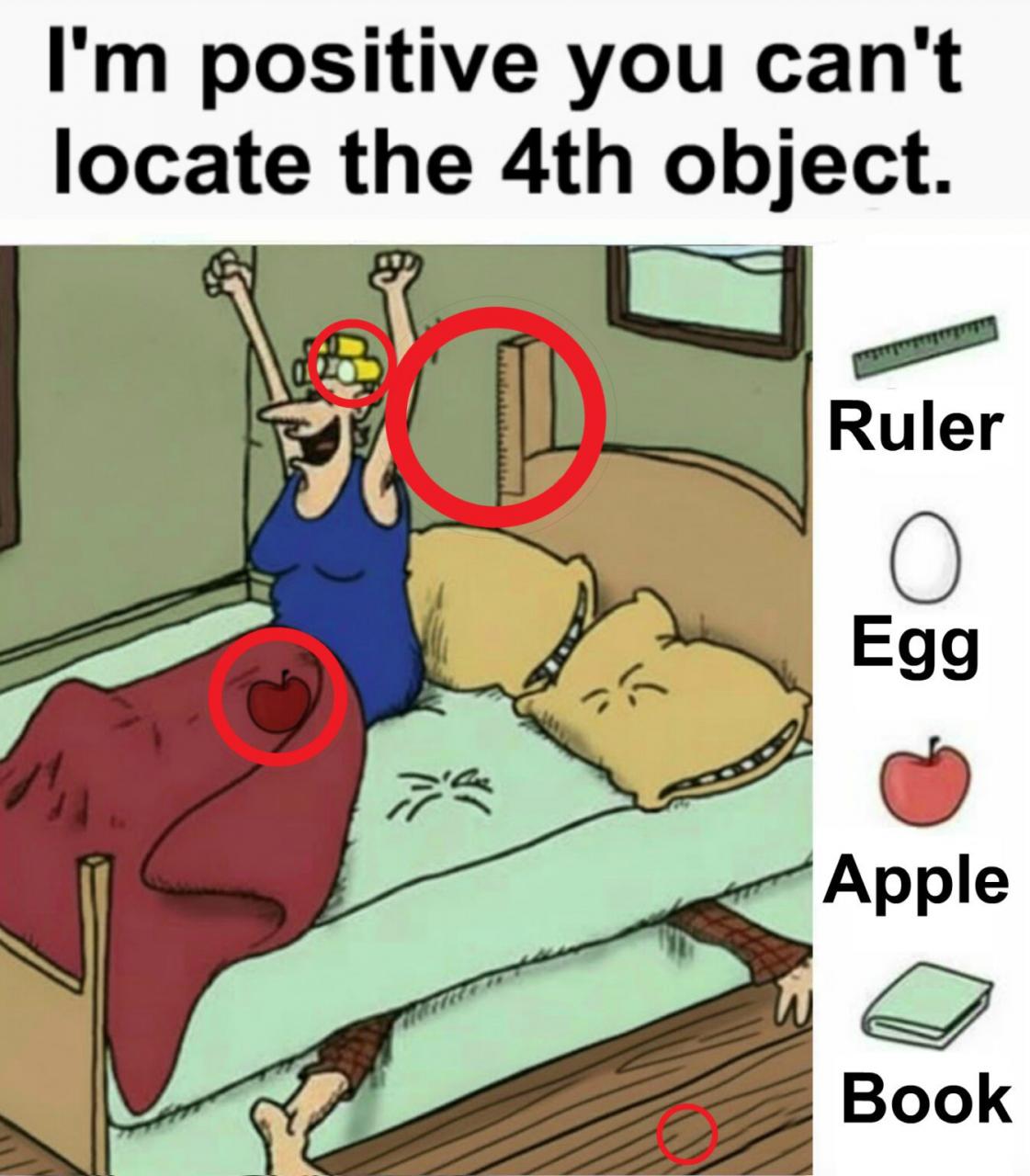 Find Ruler, Egg, Apple, Book.