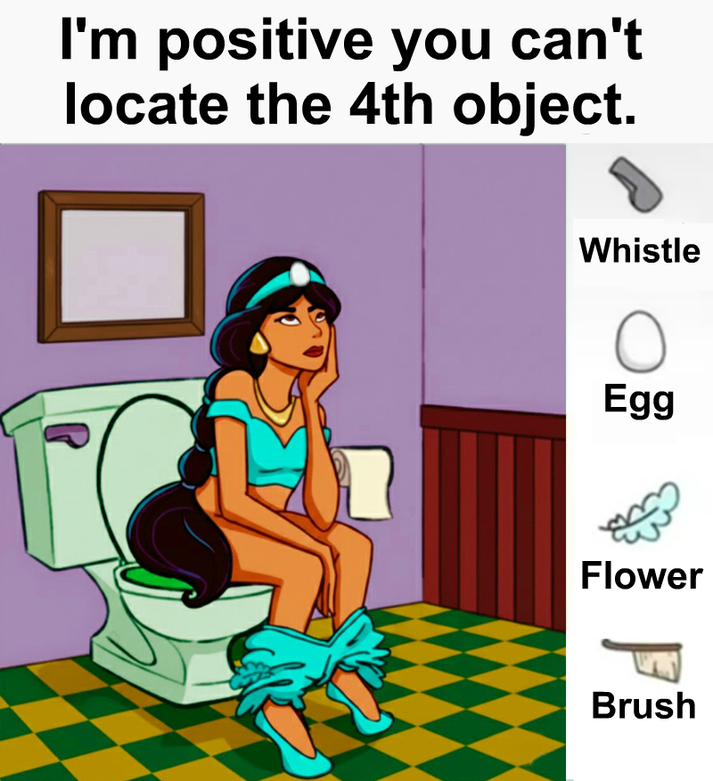 Find the whistle, the egg, the flower and the paintbrush.