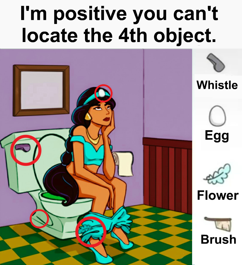 Find the whistle, the egg, the flower and the paintbrush.