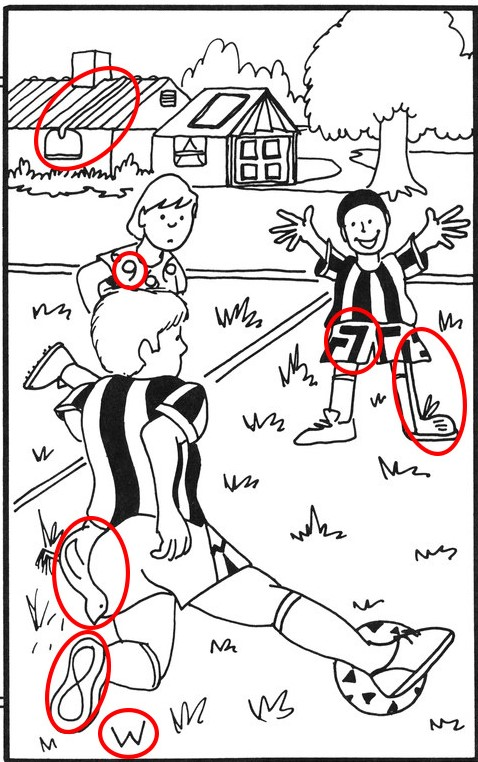 Find the numbers 7, 8, and 9, a bird, a golf club, a garden hoe, and the letter W. Find the numbers 7, 8, and 9, a bird, a golf club, a garden hoe, and the letter W.