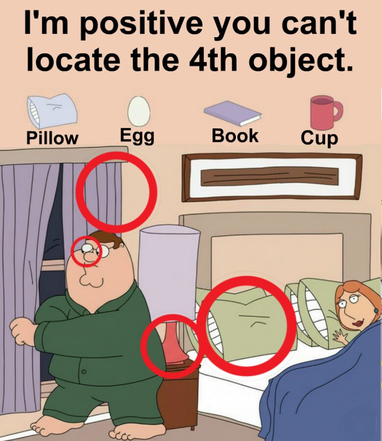 Find the Pillow, the Egg, the Book, and the Mug.