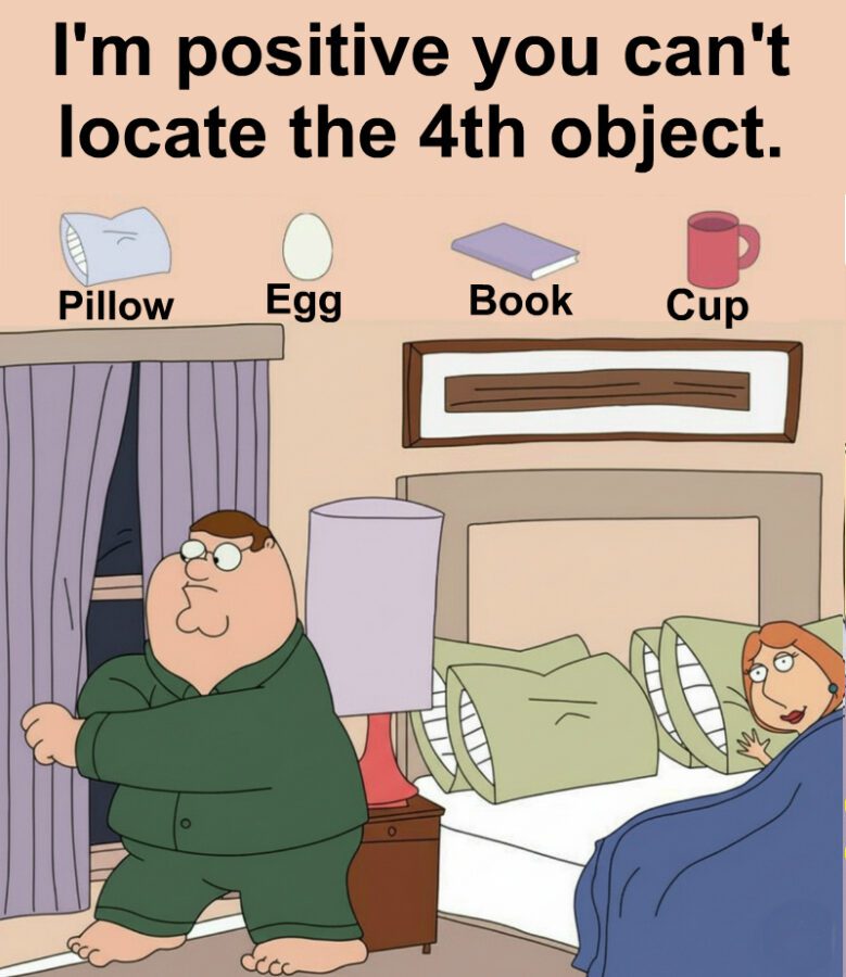 Find the Pillow, the Egg, the Book, and the Mug. Find the Pillow, the Egg, the Book, and the Mug.