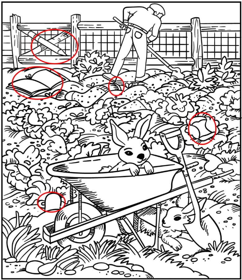 Find teacup, pencil, apple core, comb and open book.