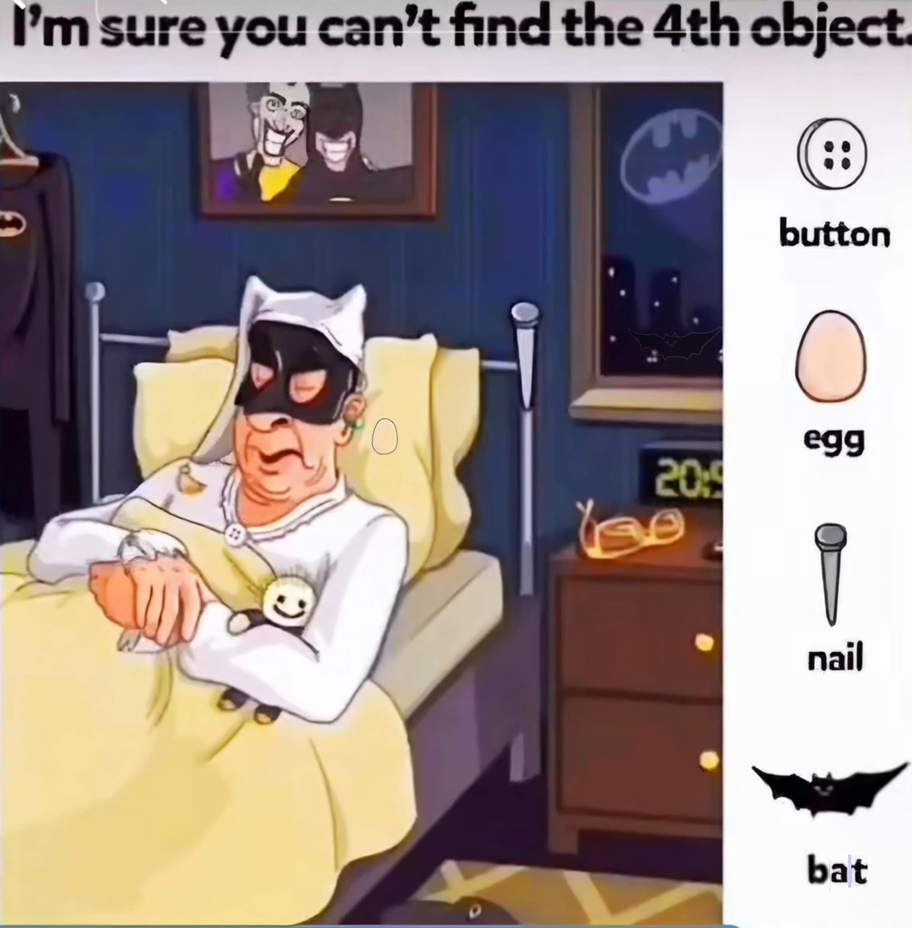 Find button, egg, nail and bat. Find button, egg, nail and bat.