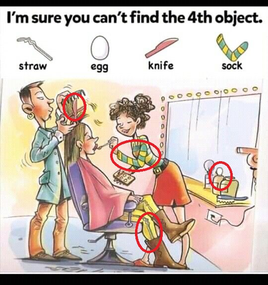 Find Straw, Egg, Knife, Sock