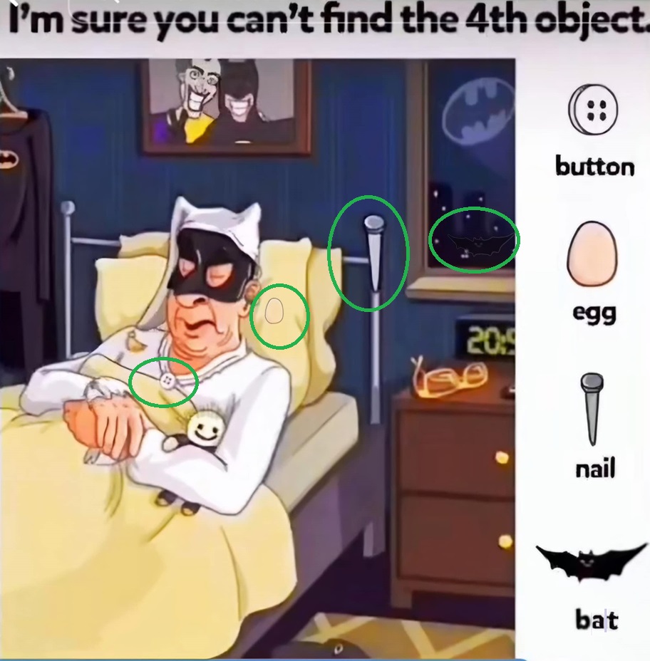 Find button, egg, nail and bat. Find button, egg, nail and bat.