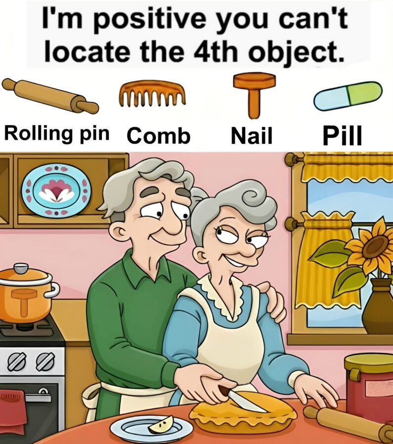 Find Rolling pin, Comb, Nail, Pill. Find Rolling pin, Comb, Nail, Pill.