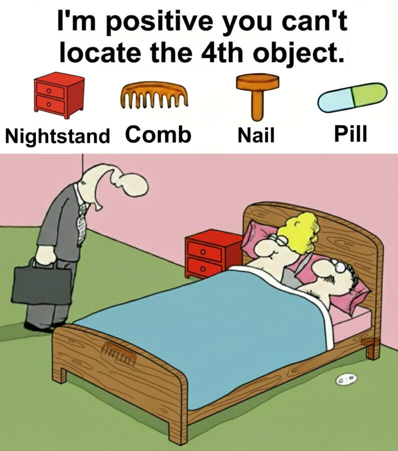 Find Nightstand, Comb, Nail, Pill. Find Nightstand, Comb, Nail, Pill.