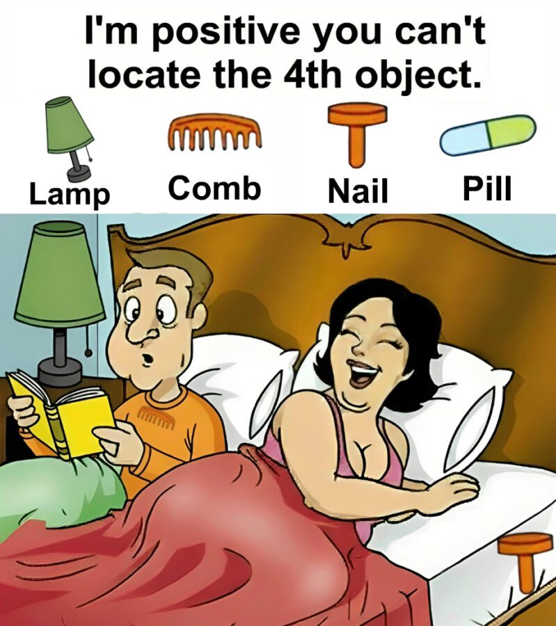 Find Lamp, Comb, Nail, Pill. Find Lamp, Comb, Nail, Pill.