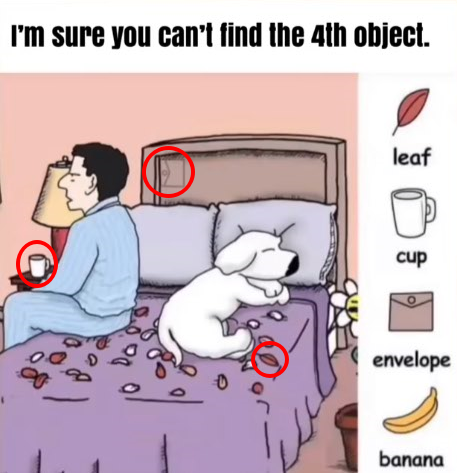 Find leaf, cup, envelope and banana.