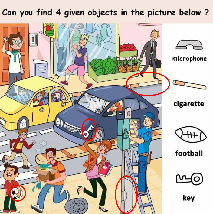 Find Microphone, Cigarette, Football, Key. Find Microphone, Cigarette, Football, Key.