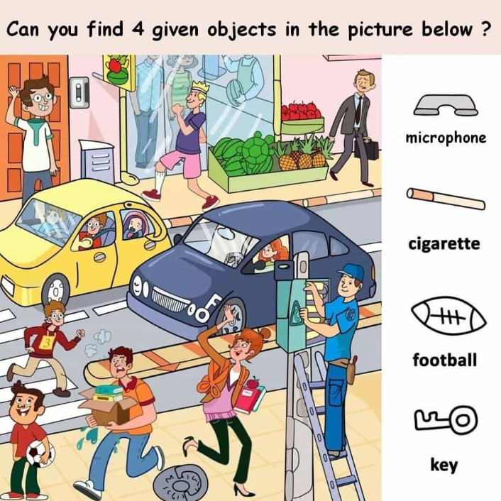 Find Microphone, Cigarette, Football, Key. Find Microphone, Cigarette, Football, Key.