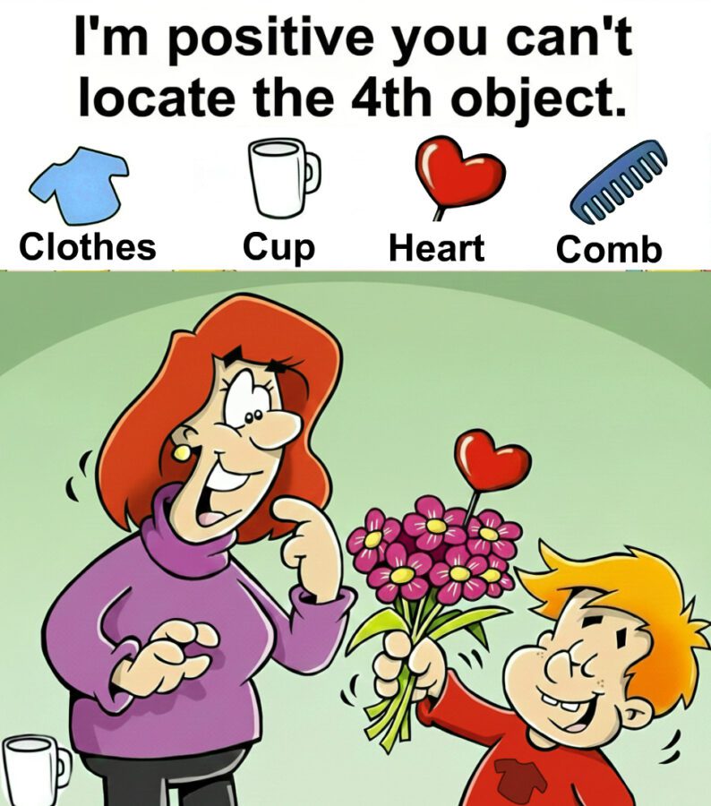 Find Clothes, Cup, Heart, Comb. Find Clothes, Cup, Heart, Comb.