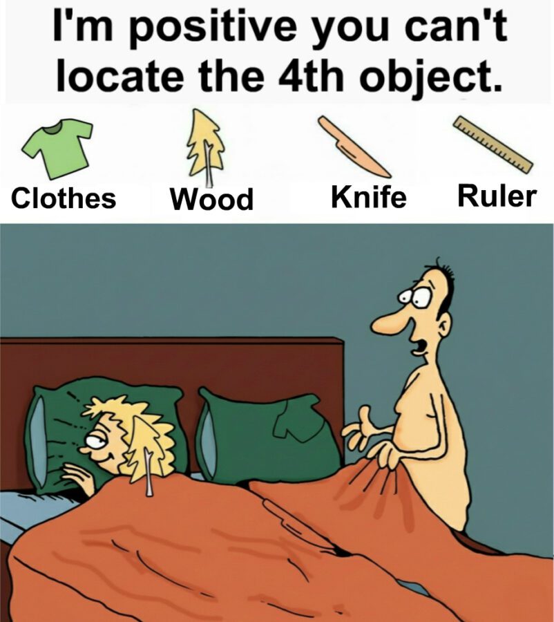 Find clothes, wood, knife and ruler. Find clothes, wood, knife and ruler.