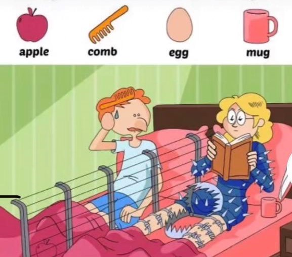 Find apple, comb, egg, mug. Find apple, comb, egg, mug.