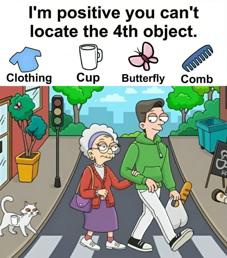 Find Clothing, Cup, Butterfly, Comb. Find Clothing, Cup, Butterfly, Comb.