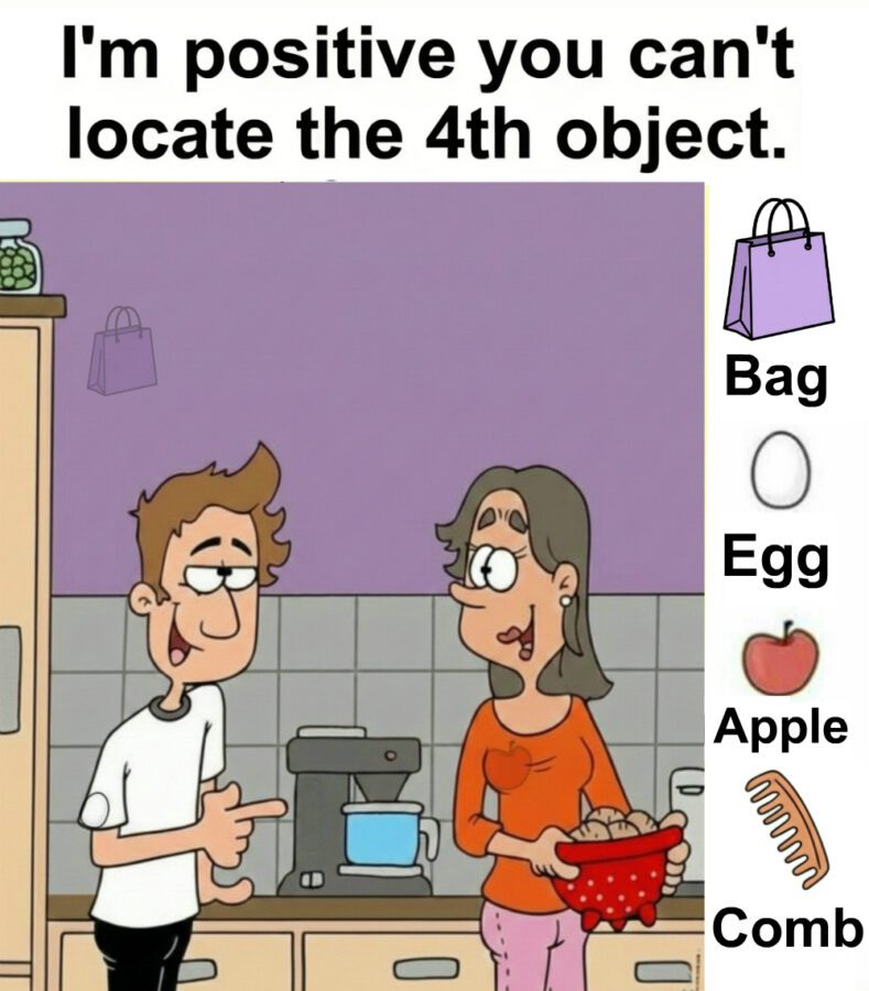 Find bag, egg, apple and comb. Find bag, egg, apple and comb.