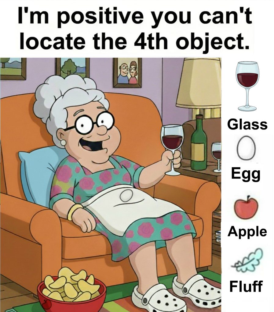 Find glass, egg, apple and fluff.