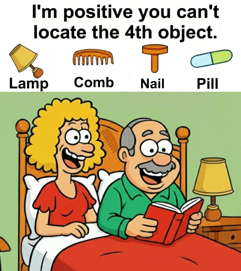 Find Lamp, Comb, Nail, Pill. Find Lamp, Comb, Nail, Pill.