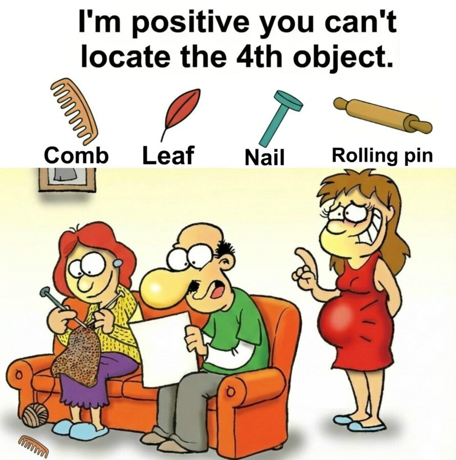 Find Comb, Leaf, Nail, Rolling pin.