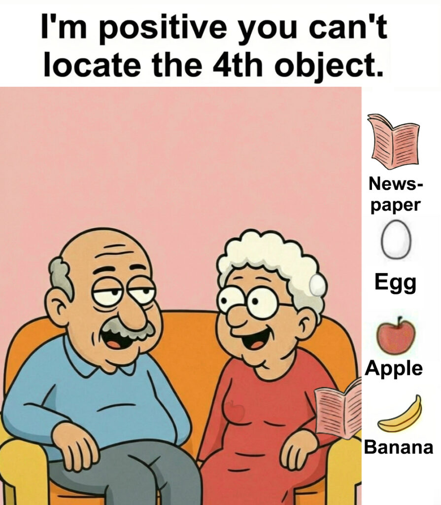 Find Newspaper, Egg, Apple, Banana. Check the first comment for the answer “
