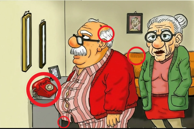 Find Comb, Phone, Egg, Apple.