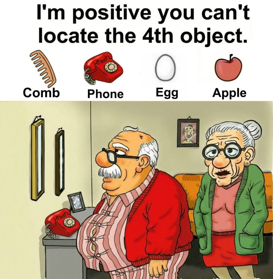 Find Comb, Phone, Egg, Apple.