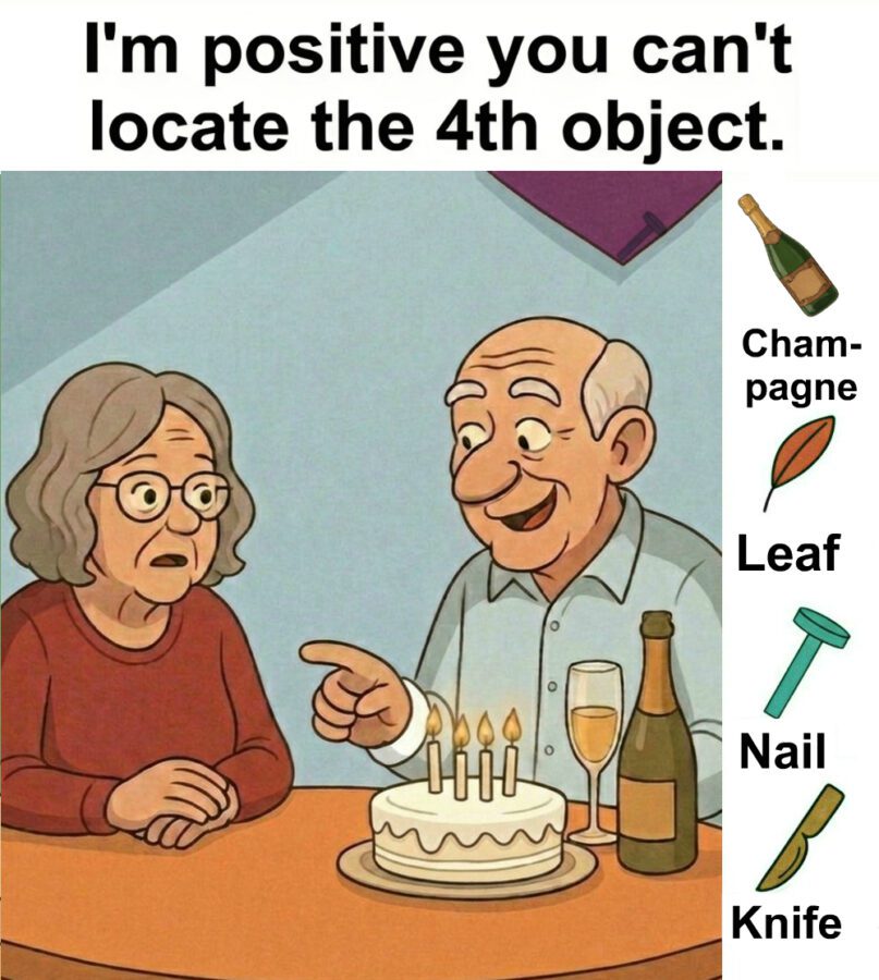 Find Champagne, Leaf, Nail, Knife.