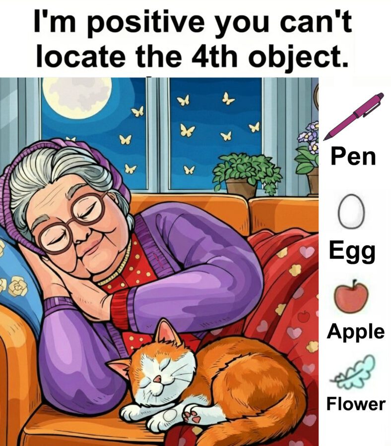 Find Pen, Egg, Apple, Flower.