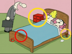 Find nightstand, comb, nail and pill.