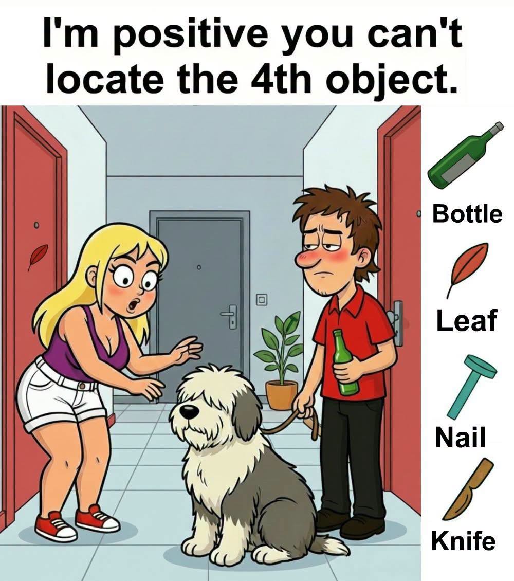 Can You Find the Hidden Bottle, Leaf, Nail, and Knife in This Image?